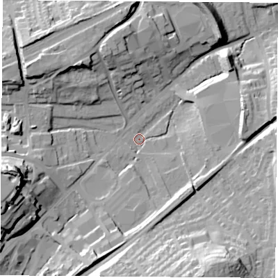 Shaded relief map of the ground around WF82LJ, computed from Environment Agency LiDAR. The ground here sits at about 26 m above sea level and falls 37 m across the surrounding 800 m. Surface water reaching this point runs off ground lying to the west-south-west, 32.9 m higher.