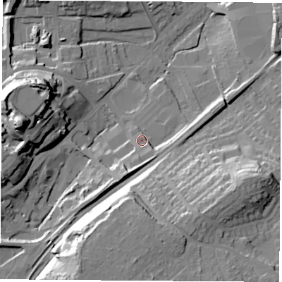 Shaded relief map of the ground around WF82LN, computed from Environment Agency LiDAR. The ground here sits at about 32 m above sea level and falls 39 m across the surrounding 800 m. Surface water reaching this point runs off ground lying to the south, 8.6 m higher.