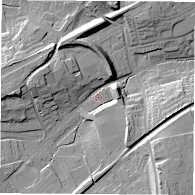 Shaded relief map of the ground around WF82LQ, computed from Environment Agency LiDAR. The ground here sits at about 25 m above sea level and falls 33 m across the surrounding 800 m. Surface water reaching this point runs off ground lying to the south-south-east, 24.6 m higher.