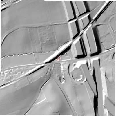 Shaded relief map of the ground around WF82TH, computed from Environment Agency LiDAR. The ground here sits at about 18 m above sea level and falls 26 m across the surrounding 800 m. Surface water reaching this point runs off ground lying to the south-west, 20.7 m higher.