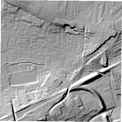 Shaded relief map of the ground around WF82UR, computed from Environment Agency LiDAR. The ground here sits at about 25 m above sea level and falls 29 m across the surrounding 800 m. Surface water reaching this point runs off ground lying to the east-north-east, 26.9 m higher.