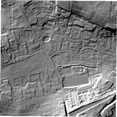 Shaded relief map of the ground around WF82UT, computed from Environment Agency LiDAR. The ground here sits at about 25 m above sea level and falls 27 m across the surrounding 800 m. Surface water reaching this point runs off ground lying to the north-north-east, 25.4 m higher.