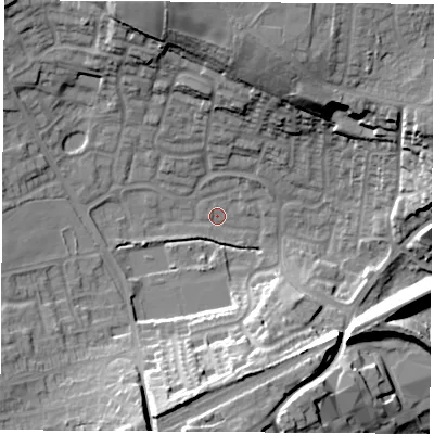 Shaded relief map of the ground around WF82UU, computed from Environment Agency LiDAR. The ground here sits at about 24 m above sea level and falls 27 m across the surrounding 800 m. Surface water reaching this point runs off ground lying to the south-south-west, 20.1 m higher.