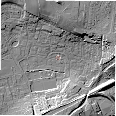 Shaded relief map of the ground around WF82UX, computed from Environment Agency LiDAR. The ground here sits at about 24 m above sea level and falls 30 m across the surrounding 800 m. Surface water reaching this point runs off ground lying to the south-south-west, 20.2 m higher.