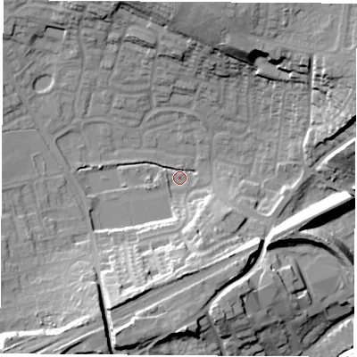 Shaded relief map of the ground around WF82WA, computed from Environment Agency LiDAR. The ground here sits at about 24 m above sea level and falls 26 m across the surrounding 800 m. Surface water reaching this point runs off ground lying to the south-south-west, 19.4 m higher.