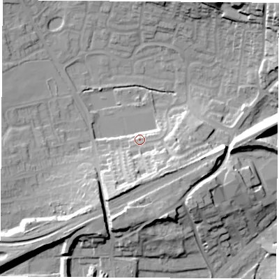 Shaded relief map of the ground around WF82WQ, computed from Environment Agency LiDAR. The ground here sits at about 30 m above sea level and falls 25 m across the surrounding 800 m. Surface water reaching this point runs off ground lying to the north-east, 22.9 m higher.