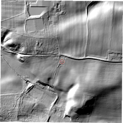 Shaded relief map of the ground around WF83DD, computed from Environment Agency LiDAR. The ground here sits at about 31 m above sea level and falls 26 m across the surrounding 800 m. Surface water reaching this point runs off ground lying to the north, 3.4 m higher.
