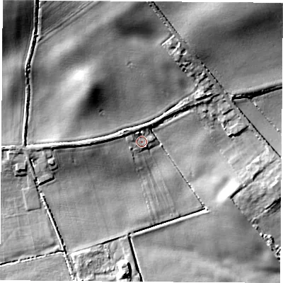Shaded relief map of the ground around WF83EF, computed from Environment Agency LiDAR. The ground here sits at about 27 m above sea level and falls 21 m across the surrounding 800 m. Surface water reaching this point runs off ground lying to the west-north-west, 2.4 m higher.