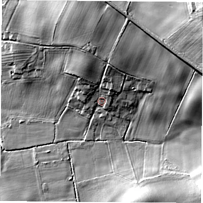 Shaded relief map of the ground around WF83HD, computed from Environment Agency LiDAR. The ground here sits at about 33 m above sea level and falls 25 m across the surrounding 800 m. Surface water reaching this point runs off ground lying to the north, 10.2 m higher.