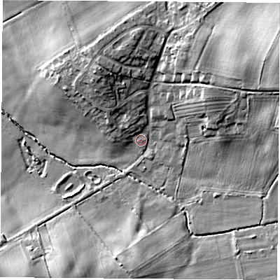 Shaded relief map of the ground around WF83HE, computed from Environment Agency LiDAR. The ground here sits at about 27 m above sea level and falls 18 m across the surrounding 800 m. Surface water reaching this point runs off ground lying to the east-north-east, 14.7 m higher.
