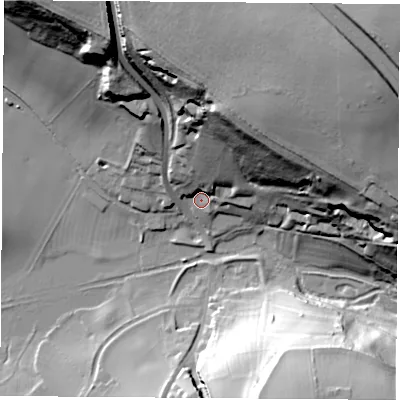Shaded relief map of the ground around WF83JJ, computed from Environment Agency LiDAR. The ground here sits at about 22 m above sea level and falls 52 m across the surrounding 800 m. Surface water reaching this point runs off ground lying to the north-north-east, 39.2 m higher.
