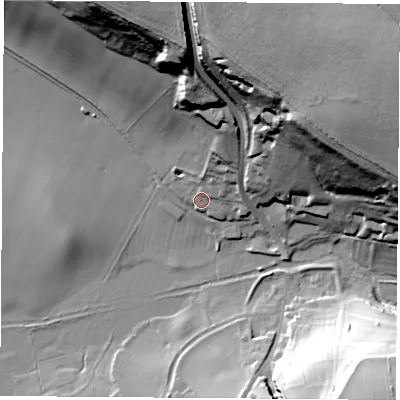 Shaded relief map of the ground around WF83JN, computed from Environment Agency LiDAR. The ground here sits at about 22 m above sea level and falls 50 m across the surrounding 800 m. Surface water reaching this point runs off ground lying to the north-north-east, 18.1 m higher.