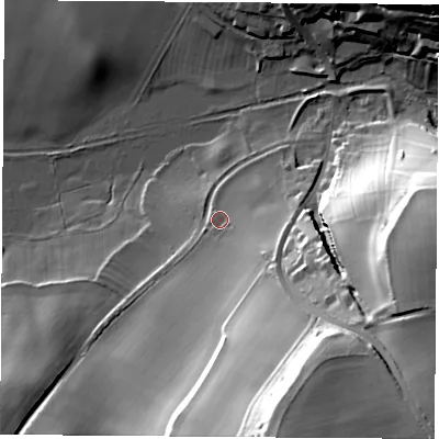 Shaded relief map of the ground around WF83JW, computed from Environment Agency LiDAR. The ground here sits at about 24 m above sea level and falls 47 m across the surrounding 800 m. Surface water reaching this point runs off ground lying to the south-south-east, 35.5 m higher.
