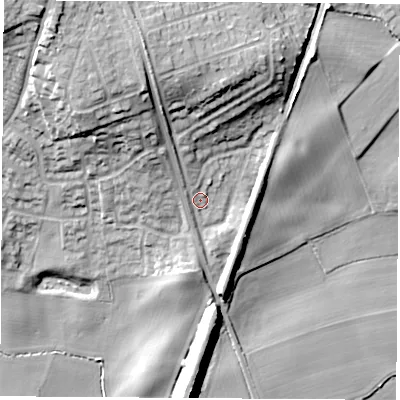 Shaded relief map of the ground around WF83QY, computed from Environment Agency LiDAR. The ground here sits at about 44 m above sea level and falls 32 m across the surrounding 800 m. Surface water reaching this point runs off ground lying to the north-north-west, 16.3 m higher.