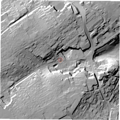 Shaded relief map of the ground around WF84HN, computed from Environment Agency LiDAR. The ground here sits at about 63 m above sea level and falls 39 m across the surrounding 800 m. Surface water reaching this point runs off ground lying to the west-north-west, 16.3 m higher.