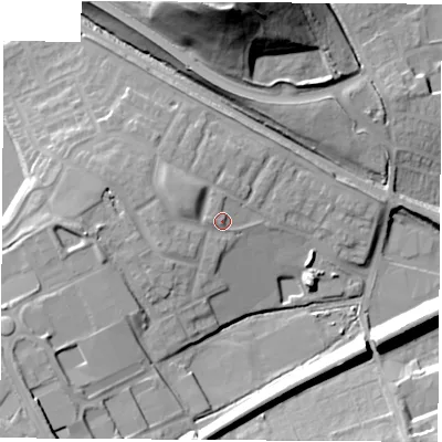 Shaded relief map of the ground around WF84SP, computed from Environment Agency LiDAR. The ground here sits at about 41 m above sea level and falls 43 m across the surrounding 800 m. Surface water reaching this point runs off ground lying to the west-north-west, 4.4 m higher.
