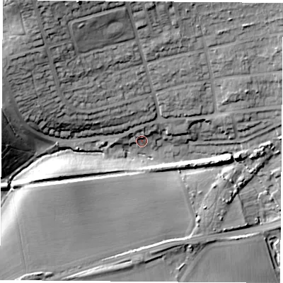 Shaded relief map of the ground around WF91HB, computed from Environment Agency LiDAR. The ground here sits at about 44 m above sea level and falls 34 m across the surrounding 800 m. Surface water reaching this point runs off ground lying to the north-north-west, 5.0 m higher.