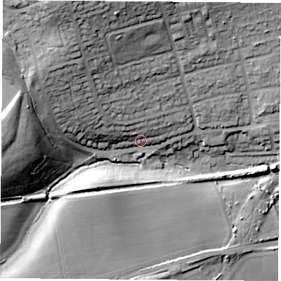 Shaded relief map of the ground around WF91HD, computed from Environment Agency LiDAR. The ground here sits at about 49 m above sea level and falls 34 m across the surrounding 800 m. Surface water reaching this point runs off ground lying to the north-north-west, 7.0 m higher.