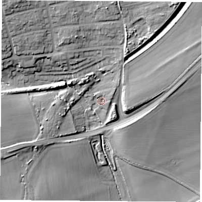 Shaded relief map of the ground around WF91LN, computed from Environment Agency LiDAR. The ground here sits at about 41 m above sea level and falls 23 m across the surrounding 800 m. Surface water reaching this point runs off ground lying to the north-west, 18.6 m higher.