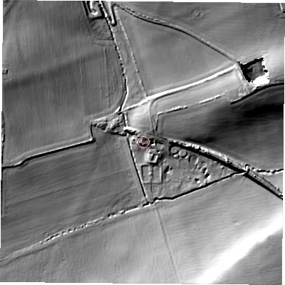 Shaded relief map of the ground around WF91LP, computed from Environment Agency LiDAR. The ground here sits at about 37 m above sea level and falls 18 m across the surrounding 800 m. Surface water reaching this point runs off ground lying to the south-south-east, 17.9 m higher.