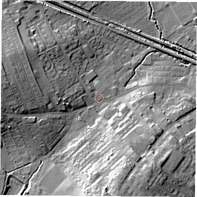 Shaded relief map of the ground around WF92AA, computed from Environment Agency LiDAR. The ground here sits at about 28 m above sea level and falls 23 m across the surrounding 800 m. Surface water reaching this point runs off ground lying to the west, 13.7 m higher.