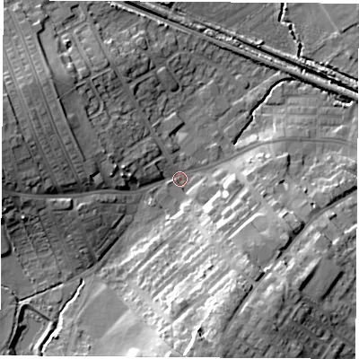 Shaded relief map of the ground around WF92AD, computed from Environment Agency LiDAR. The ground here sits at about 28 m above sea level and falls 23 m across the surrounding 800 m. Surface water reaching this point runs off ground lying to the south, 18.7 m higher.