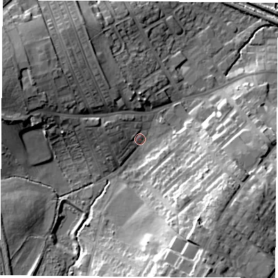 Shaded relief map of the ground around WF92AF, computed from Environment Agency LiDAR. The ground here sits at about 30 m above sea level and falls 24 m across the surrounding 800 m. Surface water reaching this point runs off ground lying to the south-south-east, 20.3 m higher.
