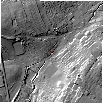 Shaded relief map of the ground around WF92AG, computed from Environment Agency LiDAR. The ground here sits at about 30 m above sea level and falls 23 m across the surrounding 800 m. Surface water reaching this point runs off ground lying to the south-south-east, 20.5 m higher.