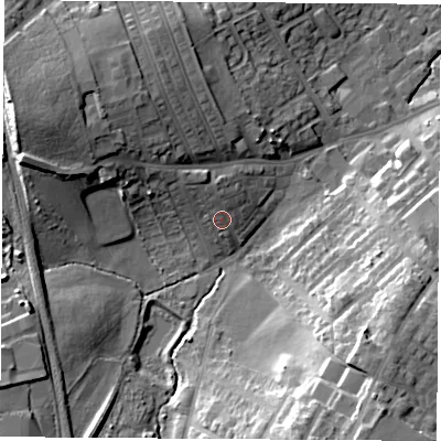 Shaded relief map of the ground around WF92AH, computed from Environment Agency LiDAR. The ground here sits at about 32 m above sea level and falls 23 m across the surrounding 800 m. Surface water reaching this point runs off ground lying to the north-west, 4.4 m higher.