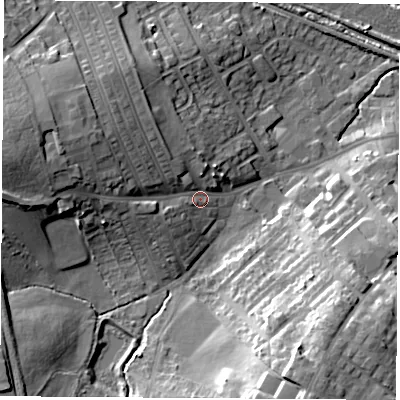 Shaded relief map of the ground around WF92AL, computed from Environment Agency LiDAR. The ground here sits at about 32 m above sea level and falls 22 m across the surrounding 800 m. Surface water reaching this point runs off ground lying to the west-north-west, 14.2 m higher.