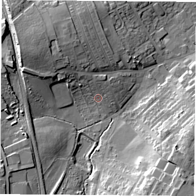 Shaded relief map of the ground around WF92AQ, computed from Environment Agency LiDAR. The ground here sits at about 32 m above sea level and falls 22 m across the surrounding 800 m. Surface water reaching this point runs off ground lying to the north-north-west, 6.3 m higher.