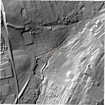 Shaded relief map of the ground around WF92GZ, computed from Environment Agency LiDAR. The ground here sits at about 29 m above sea level and falls 24 m across the surrounding 800 m. Surface water reaching this point runs off ground lying to the south-south-east, 22.1 m higher.