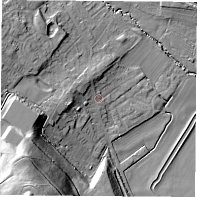 Shaded relief map of the ground around WF92JH, computed from Environment Agency LiDAR. The ground here sits at about 24 m above sea level and falls 49 m across the surrounding 800 m. Surface water reaching this point runs off ground lying to the west-north-west, 6.7 m higher.