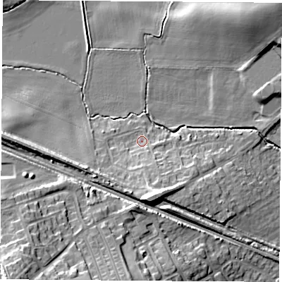 Shaded relief map of the ground around WF92PJ, computed from Environment Agency LiDAR. The ground here sits at about 28 m above sea level and falls 19 m across the surrounding 800 m. Surface water reaching this point runs off ground lying to the south, 9.4 m higher.