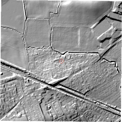 Shaded relief map of the ground around WF92PN, computed from Environment Agency LiDAR. The ground here sits at about 29 m above sea level and falls 18 m across the surrounding 800 m. Surface water reaching this point runs off ground lying to the south-south-west, 8.6 m higher.