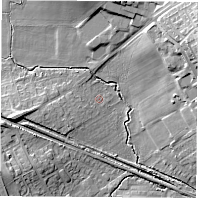 Shaded relief map of the ground around WF92PQ, computed from Environment Agency LiDAR. The ground here sits at about 27 m above sea level and falls 26 m across the surrounding 800 m. Surface water reaching this point runs off ground lying to the west-south-west, 5.9 m higher.