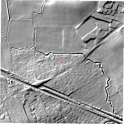 Shaded relief map of the ground around WF92PW, computed from Environment Agency LiDAR. The ground here sits at about 28 m above sea level and falls 19 m across the surrounding 800 m. Surface water reaching this point runs off ground lying to the south-south-west, 3.7 m higher.
