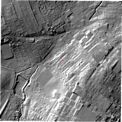 Shaded relief map of the ground around WF92QX, computed from Environment Agency LiDAR. The ground here sits at about 33 m above sea level and falls 25 m across the surrounding 800 m. Surface water reaching this point runs off ground lying to the south-east, 9.1 m higher.
