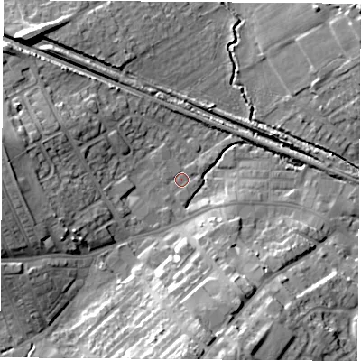 Shaded relief map of the ground around WF92RD, computed from Environment Agency LiDAR. The ground here sits at about 27 m above sea level and falls 21 m across the surrounding 800 m. Surface water reaching this point runs off ground lying to the west-north-west, 5.6 m higher.