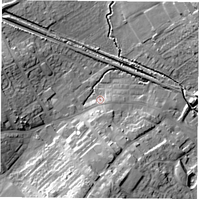 Shaded relief map of the ground around WF92RF, computed from Environment Agency LiDAR. The ground here sits at about 27 m above sea level and falls 22 m across the surrounding 800 m. Surface water reaching this point runs off ground lying to the south, 2.9 m higher.