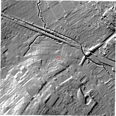 Shaded relief map of the ground around WF92RN, computed from Environment Agency LiDAR. The ground here sits at about 28 m above sea level and falls 33 m across the surrounding 800 m. Surface water reaching this point runs off ground lying to the south-south-west, 11.4 m higher.