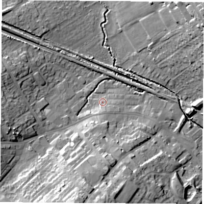 Shaded relief map of the ground around WF92RR, computed from Environment Agency LiDAR. The ground here sits at about 27 m above sea level and falls 23 m across the surrounding 800 m. Surface water reaching this point runs off ground lying to the south-south-east, 2.6 m higher.