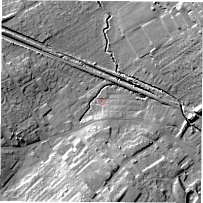 Shaded relief map of the ground around WF92RS, computed from Environment Agency LiDAR. The ground here sits at about 26 m above sea level and falls 23 m across the surrounding 800 m. Surface water reaching this point runs off ground lying to the south-south-east, 3.7 m higher.