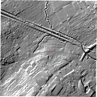 Shaded relief map of the ground around WF92RT, computed from Environment Agency LiDAR. The ground here sits at about 29 m above sea level and falls 26 m across the surrounding 800 m. Surface water reaching this point runs off ground lying to the south, 2.0 m higher.