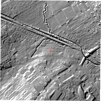 Shaded relief map of the ground around WF92RU, computed from Environment Agency LiDAR. The ground here sits at about 28 m above sea level and falls 29 m across the surrounding 800 m. Surface water reaching this point runs off ground lying to the south-west, 2.2 m higher.