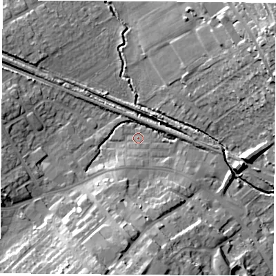 Shaded relief map of the ground around WF92RX, computed from Environment Agency LiDAR. The ground here sits at about 27 m above sea level and falls 30 m across the surrounding 800 m. Surface water reaching this point runs off ground lying to the south, 14.8 m higher.