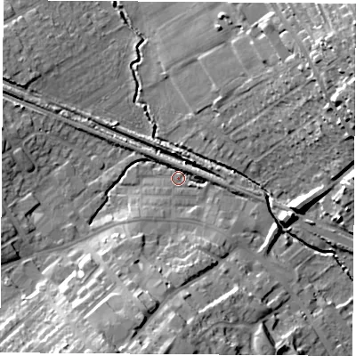 Shaded relief map of the ground around WF92RY, computed from Environment Agency LiDAR. The ground here sits at about 26 m above sea level and falls 34 m across the surrounding 800 m. Surface water reaching this point runs off ground lying to the south-south-west, 17.9 m higher.