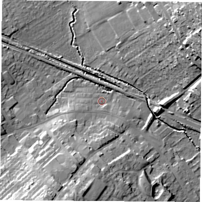 Shaded relief map of the ground around WF92RZ, computed from Environment Agency LiDAR. The ground here sits at about 27 m above sea level and falls 35 m across the surrounding 800 m. Surface water reaching this point runs off ground lying to the south-south-west, 14.8 m higher.