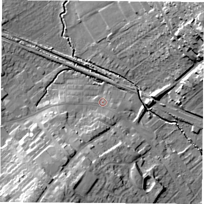 Shaded relief map of the ground around WF92SE, computed from Environment Agency LiDAR. The ground here sits at about 27 m above sea level and falls 38 m across the surrounding 800 m. Surface water reaching this point runs off ground lying to the south-south-west, 12.8 m higher.
