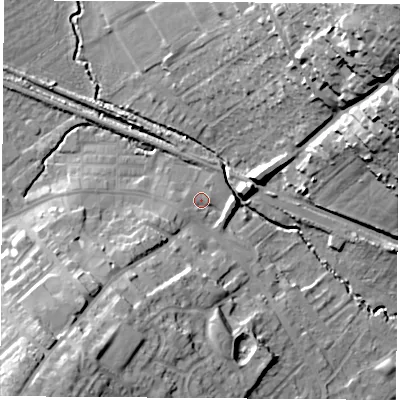 Shaded relief map of the ground around WF92SG, computed from Environment Agency LiDAR. The ground here sits at about 27 m above sea level and falls 42 m across the surrounding 800 m. Surface water reaching this point runs off ground lying to the east-south-east, 4.1 m higher.